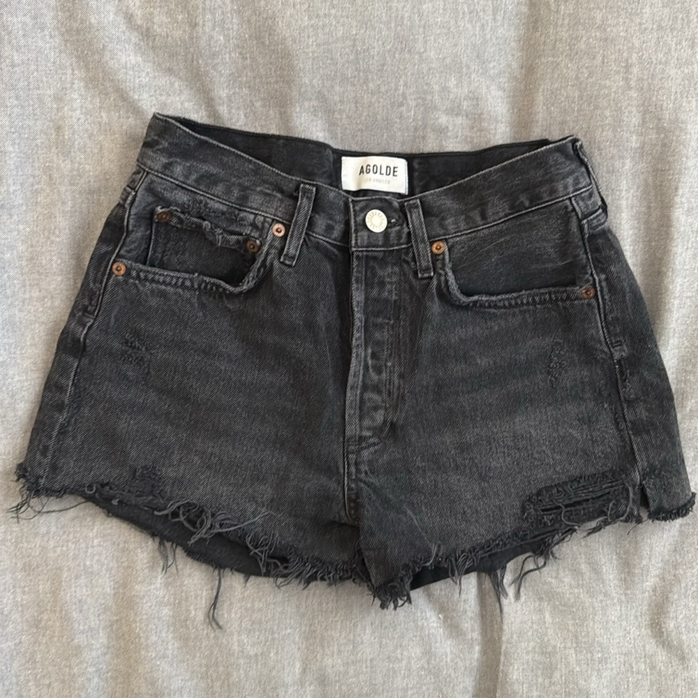 Revolve Agolde Parker Cut Off Denim Fray High Waist Black Shorts Women’s Size 24